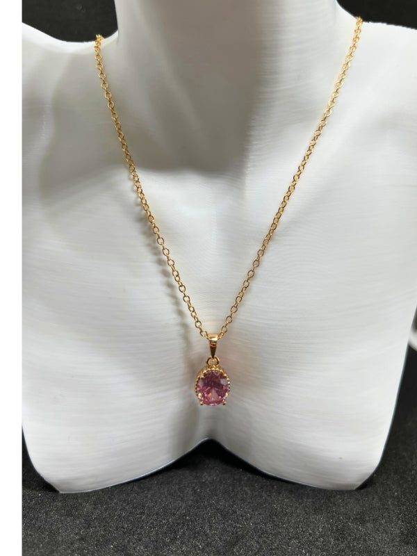 Zirkon Taş Detaylı Altın renk Kadın Kolye - Pembe Oval Taş
