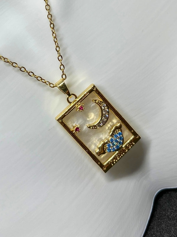 316L Çelik Zincir Gold Renk Ay Detay Mavi Zirkon Taşlı Tarot Kolye