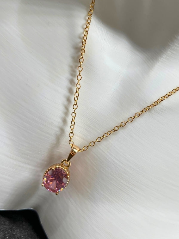Zirkon Taş Detaylı Altın renk Kadın Kolye - Pembe Oval Taş