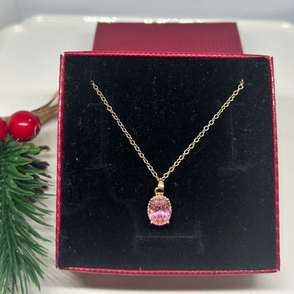 Zirkon Taş Detaylı Altın renk Kadın Kolye - Pembe Oval Taş