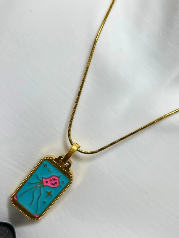 316L Çelik Gold Renk Mavi Mineli Tarot Kolye
